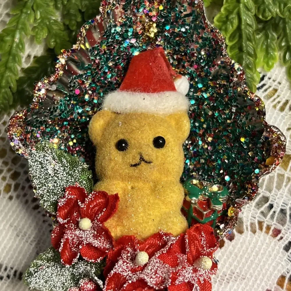 Vintage Diamond Tart Tin Flocked Fuzzy Bear Diorama Mid Century Glitter Ornament